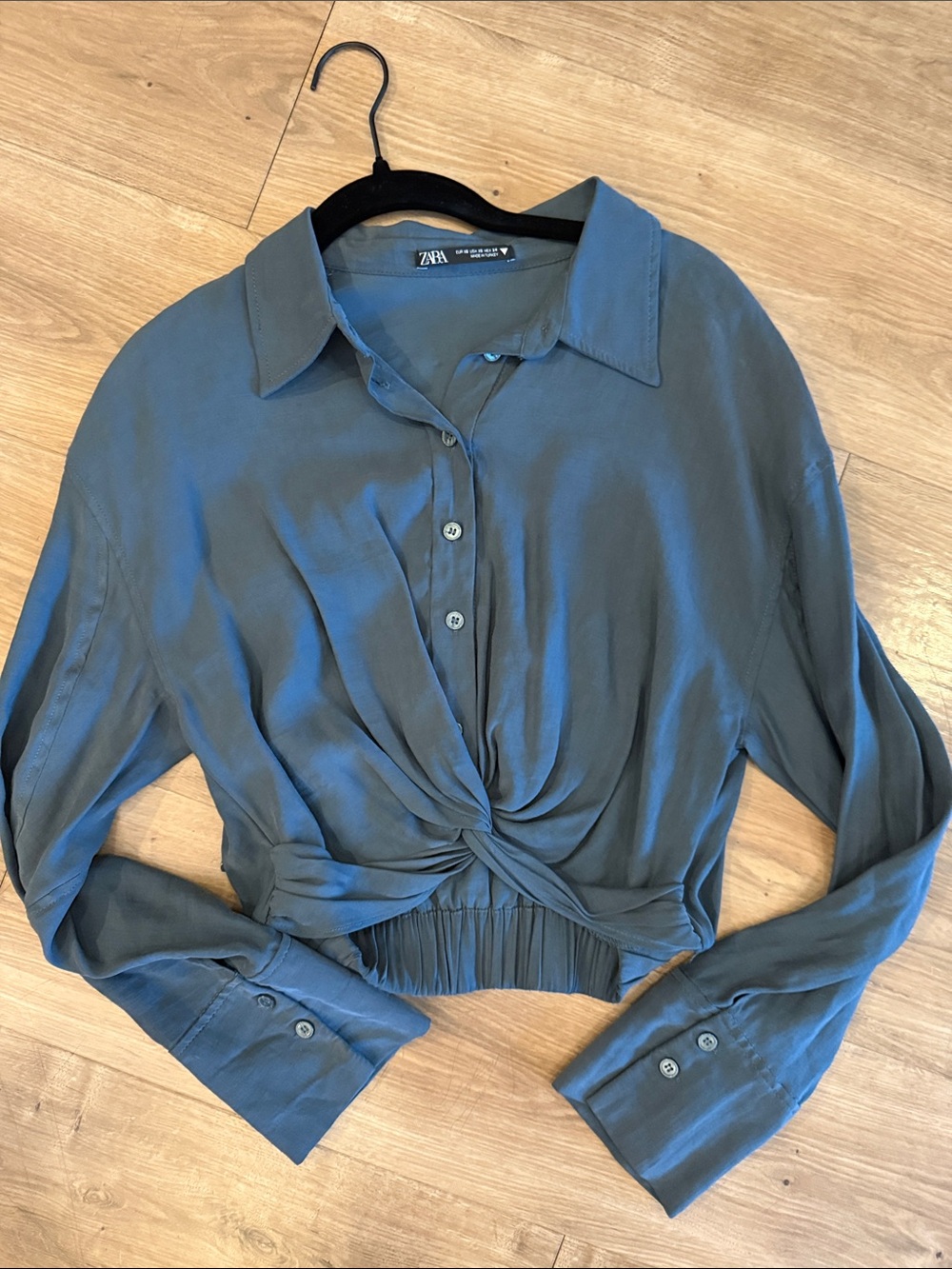 Zara Slate Blue Twisted Front Button-Down Blouse